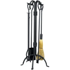 5-Piece Black Wrought Iron Fireset With Crook Handles