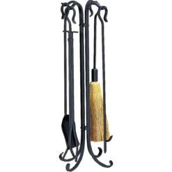 5-Piece Wrought Iron Heavy-Weight Rustic Fireset With Crook Handles In Black