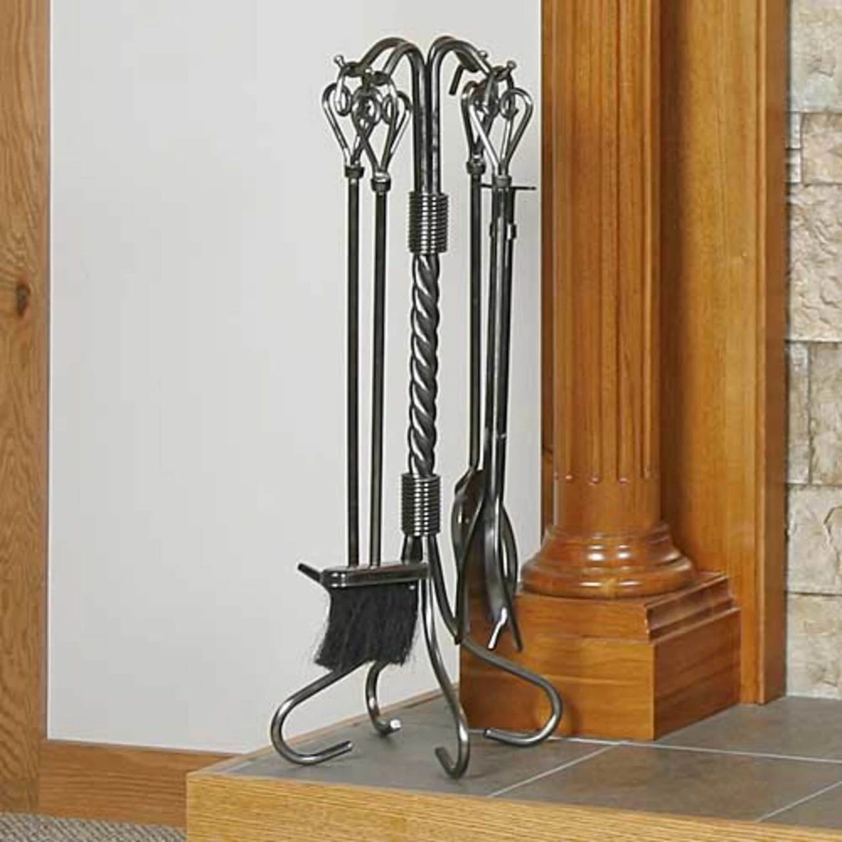 5 Piece Pewter Fireplace Tool Set With Heart Handles - F-1619 4 5 Piece Pewter Fireplace Tool Set With Heart Handles - F-1619 - Image 2
