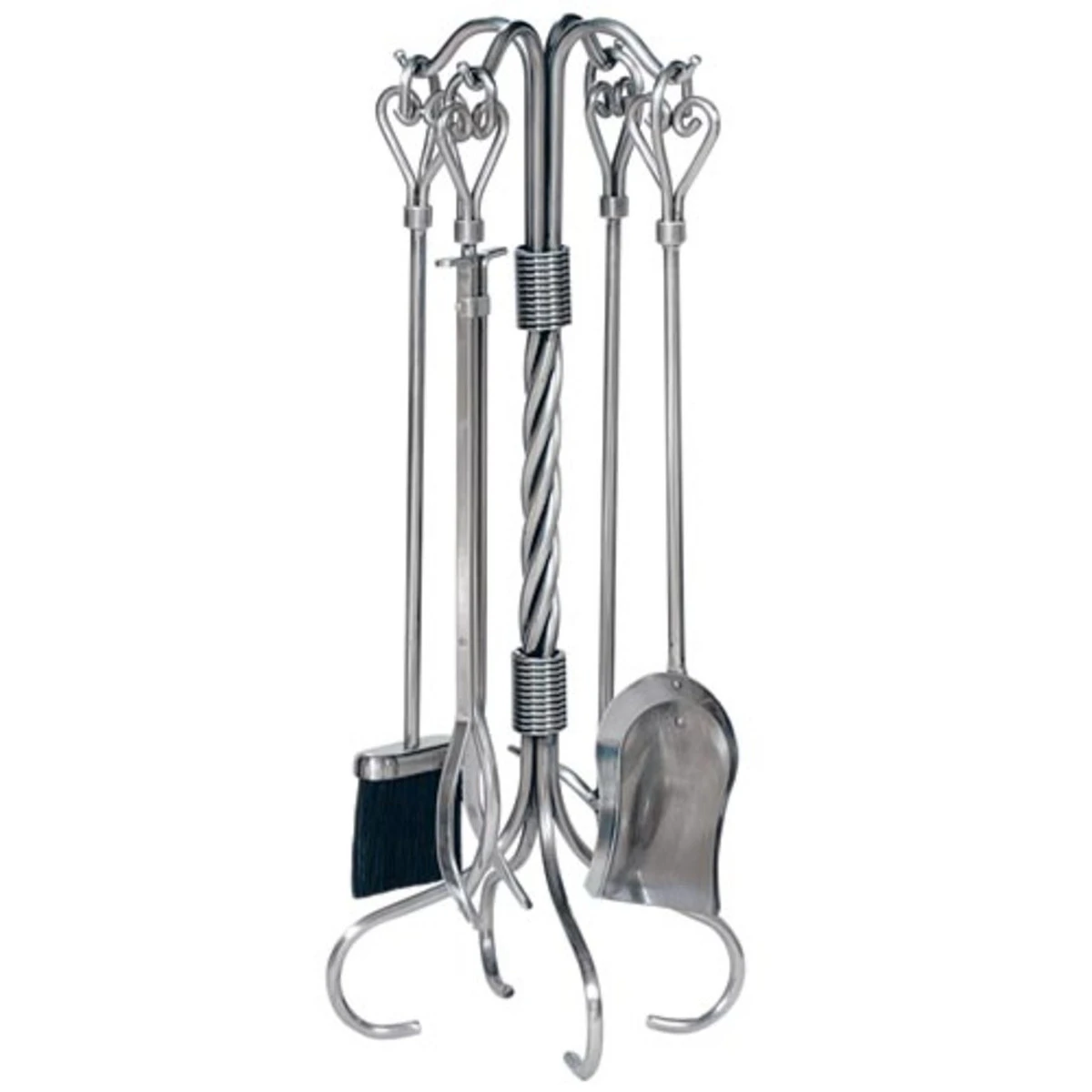 5 Piece Pewter Fireplace Tool Set With Heart Handles - F-1619 3 5 Piece Pewter Fireplace Tool Set With Heart Handles - F-1619